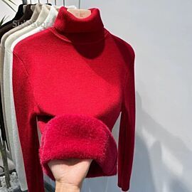 Women's Turtleneck Sweater Winter 2024 Retro Red with Velvet Lining Thickened Inner Wear Thermal Knitting Bottoming Shirt