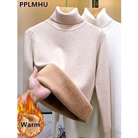 Turtleneck Winter Sweater Women Elegant Thicken Velvet Lined Warm Sueter Knitted Pullover Slim Tops Jersey Knitwear Jumper New