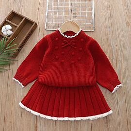 Autumn Winter Children Girl Sweater Outfits Bow Argyle Knitted Sweater Suit Soft Solid Pleated Skirts Baby Girl 2PCS Clothes Set