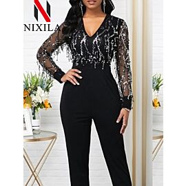New in Women's Sequined V-neck Long Sleeve Jumpsuit Elegant Casual Pants Black Jumpsuit Women Sexy Streetwear Female Clothes