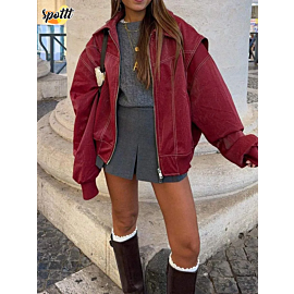 Fashion Patchwork Lapel Long Sleeve Coats Vintage Red Zipper Leather Jacket For Women 2024 Autumn Winter Female Casual Outerwear
