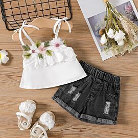 Summer Infant Baby Girls Clothing Sleeveless Floral Ruffles Tops Denim Shorts Two Piece Outfits Sets Baby Girls 3 6 12 24 Months