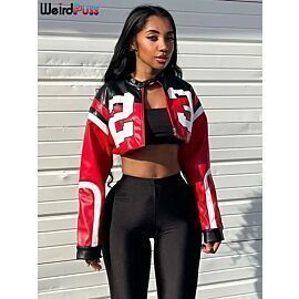 Weird Puss Faux Leather Varsity Jacket Women Hipster Letter Print Autumn Casual Sporty Wild Streetwear Uniform Trend Crop Coat