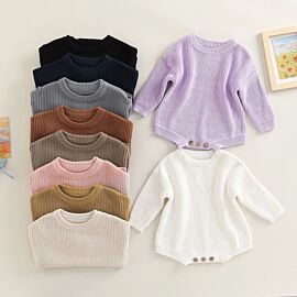 Newborn Infant Baby Girls Boys Jumpsuit, Knitting Ribbed Surface Round Neck Long Sleeve Solid Color Crotch Button Bodysuit 0-2T