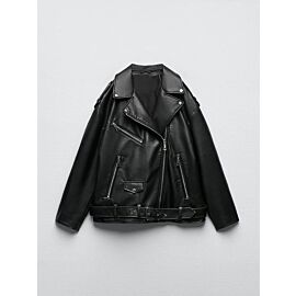 Ailegogo Women Loose Motorcycle Biker Black Pu Faux Leather Jacket with Belt Spring Autumn Female Zipper Coat Outwear