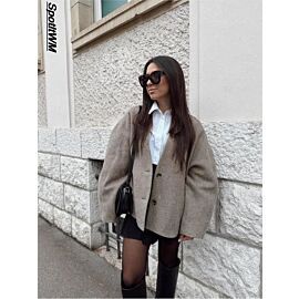 Women Vintage Blends Fit Blazer Coat Fashion Loose Double Breasted Long Sleeve Pockets Female Jackets Chic Lady Commuter Coats
