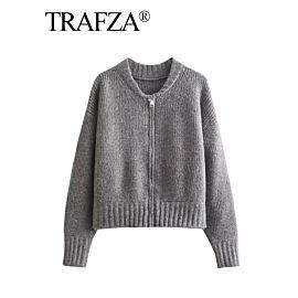 TRAFZA Women Vintage Solid Color Coat Long Sleeve Round Neck Sweater Jacket 2024 Spring Female Casual Zipper Sweater Coats