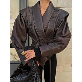 Fashion Leather Woman Short Jacket With Belt Turn Down Collar Long Sleeve Motorcycle Coat Ladies Winter Warm Street Outerwear