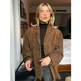 Vintage Brown Suede Leather Blazer Jackets For Women Fashion Lapel Single Breasted Pockets Crop Coats 2024 Lady Autumn Outerwear