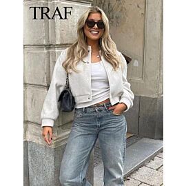 TRAF Vintage Women Soft Cropped Bomber Jacket 2023 Female Autumn Winter Woolen Cloth Jacket Woman Fashion Short Coats