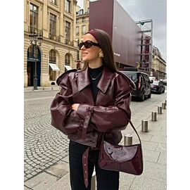 Women Lapel Long Sleeved Short Leather Jacket Cool Girl Slim Chery Red Cropped Coat 2024 New Fashion Lady Street Party Outwears